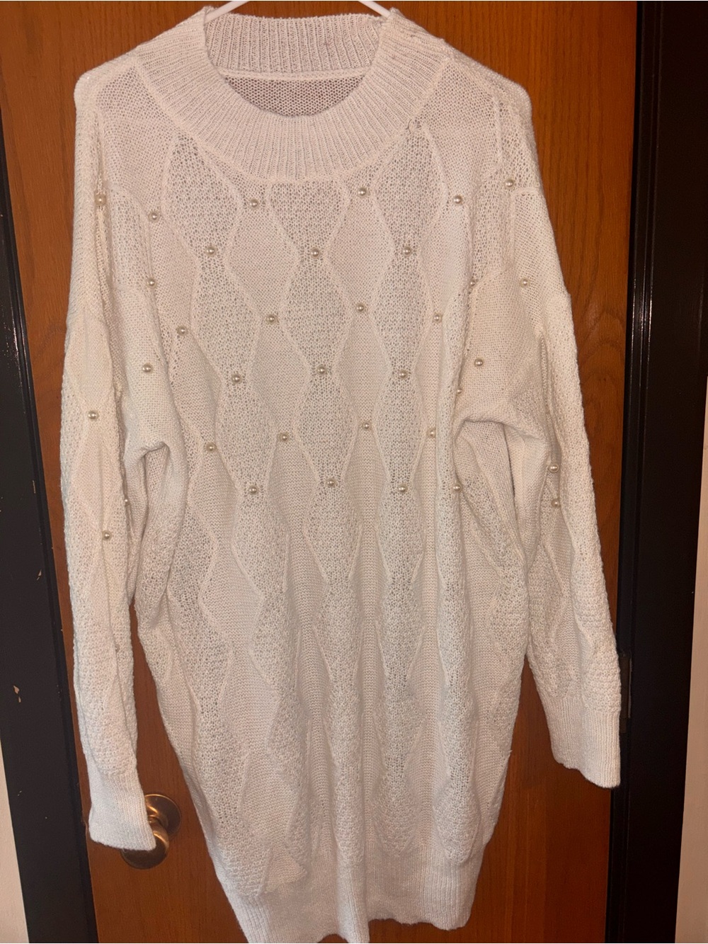 Pearl-Embellished Cream Cable Knit Sweater Dress